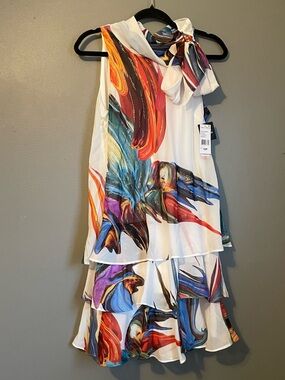 NWT Signature Robbie Bee Womens Sz 10 Petite Neck Tie Tiered Mini Dress Rt $89!